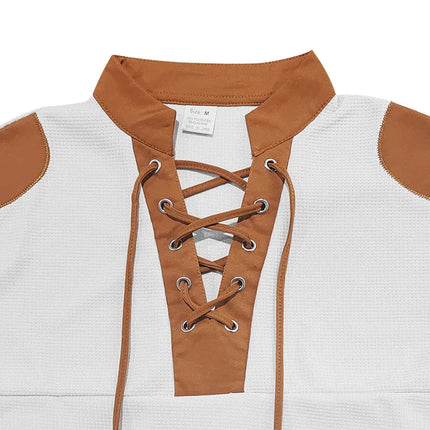 Cross-border new men's waffle color matching strap V-neck top casual long-sleeved bottoming T-shirt PlatiNum