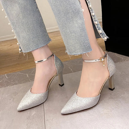 Bling Gold Silver Women Pumps 2023 Sexy Point Toe Thin Heel Party Wedding Shoes Womens Summer Ankle Strap 8cm High Heels Shoes PlatiNum