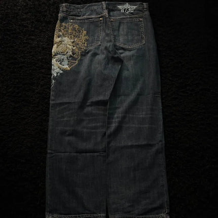 American New Fashion modello oversize ricamato jeans larghi uomo Y2K gotico Harajuku Hip Hop pantaloni dritti a vita alta a gamba larga