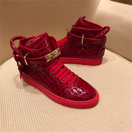 Men Red Crocodile Pattern High Top Sneakers Glossy Patent Leather Metal Buckle Lace-up Casual Shoes Streetwear Male Footwear