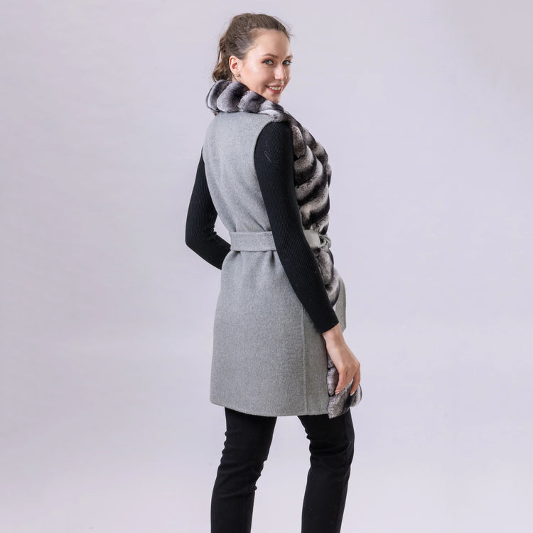 Women's Real Natural Rex Rabbit Fur long vest Chinchilla Color Waistcoat Furry Winter Warm Fluffy Vest Korean Length 90cm 240519