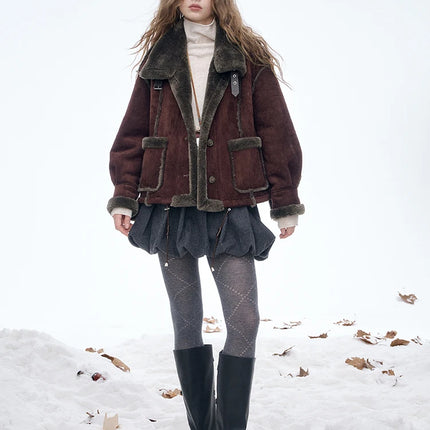 ELFSACK Women's Vintage Suede Plush Winter Coat 2025, Loose Turn-Down Collar Blend Jacket, Casual Versatile Outerwear