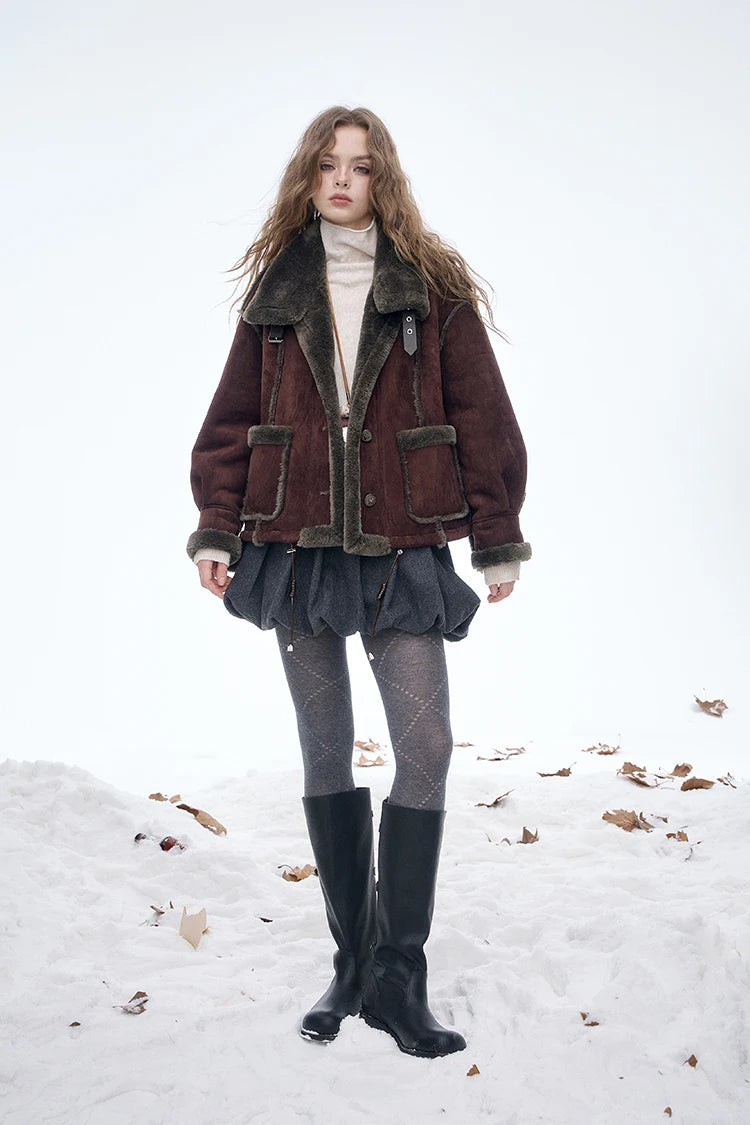 ELFSACK Women's Vintage Suede Plush Winter Coat 2025, Loose Turn-Down Collar Blend Jacket, Casual Versatile Outerwear