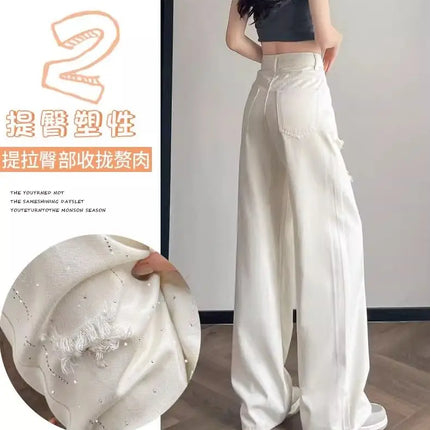 Jeans bianchi traspiranti a gamba larga da donna Pantaloni strappati per pantaloni estivi a vita alta con diamanti
