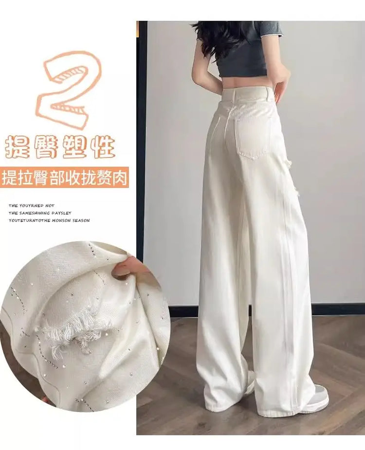 Jeans bianchi traspiranti a gamba larga da donna Pantaloni strappati per pantaloni estivi a vita alta con diamanti