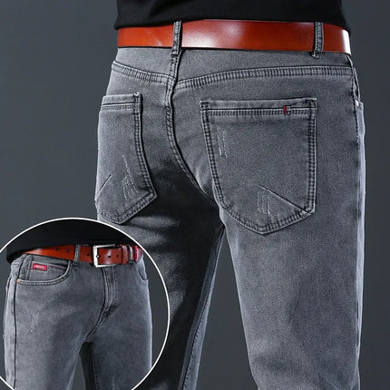 Winter Hot Sale of The Season Trendy Stretchy Fleece Lined Thick Denim Mid Waist Fashionable Casual Warm Long Pants Men's Jeans