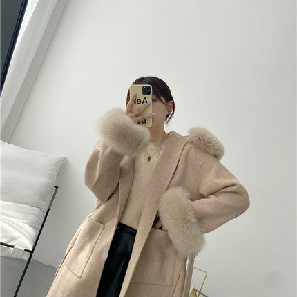 2024 New Oversize Ladies Outerwear Real Fur Coat Winter Jacket Women Natural Fox Fur Collar Cuffs Hood Cashmere Wool Woolen