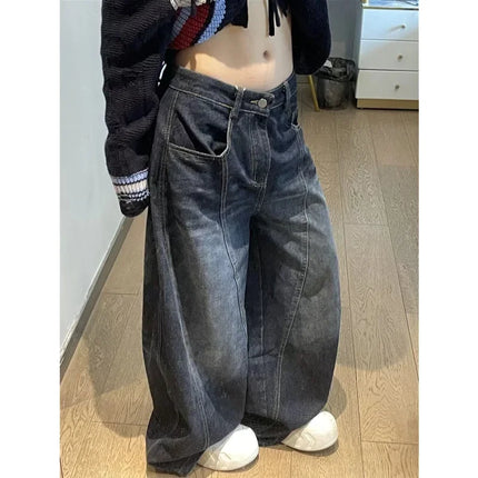 Jeans Casual da Donna Y2K Larghi e Comodi Blu Lavato Stile Vintage Cargo Pantaloni a Gamba Larga Oversize Y2K