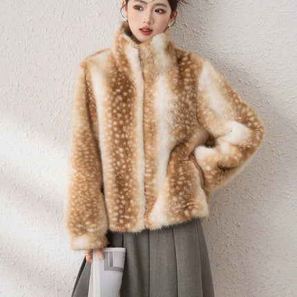 ZADORIN Luxury Mink Coat Deer Pattern Furry Faux Fur Coat Woman Stand Collar Zipper Faux Fur Jackets Winter Coats For Woman Tops