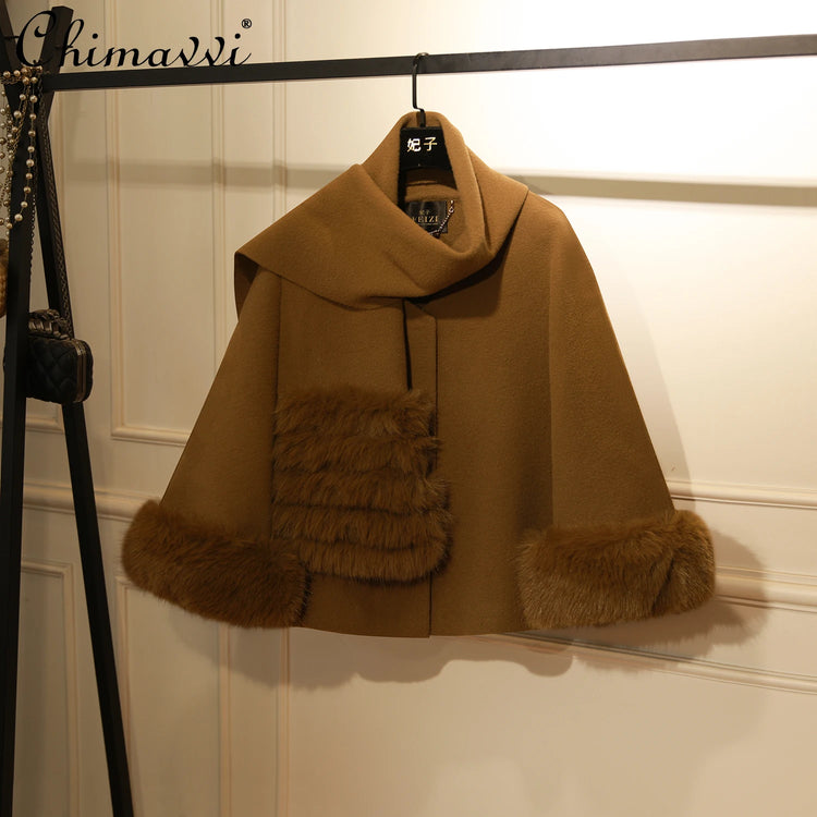 French Elegant Fashion Socialite Fur Patchwork Short Cape Coats for Women Autumn Loose Versatile Wool Cloak Jackets with Scarf