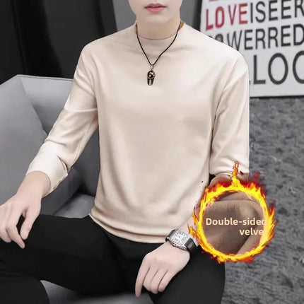 Thickened Double-sided Velvet Long Sleeve T-shirt Men's Underwear Solid Color Fleece-lined Heavyweight Crew Neck Base Shirt PlatiNum