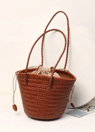 Borsa a secchiello intrecciata a mano 2026 in vera pelle, borsa a tracolla vintage da donna per uso quotidiano, pendolarismo e vacanze