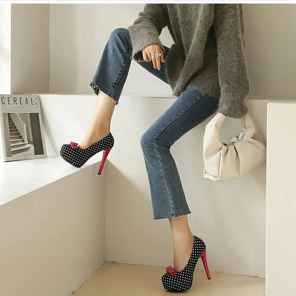 Sexy Super High Heels Women Platform Pumps Polka dot Bow Party Dress Shoes Woman Elegant Wedding Shoes Female 12cm Stilettos PlatiNum