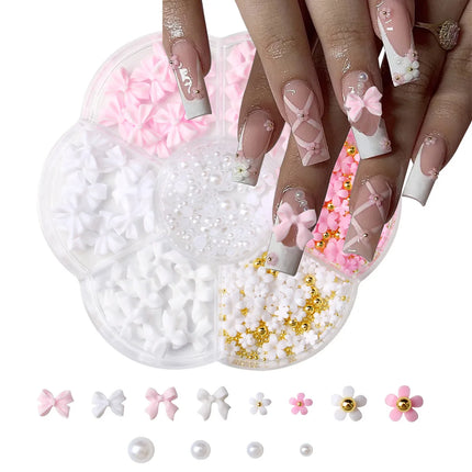 1box 3D Flower Bow Nail Art Decorations Kit Pink/White Acrylic Floral/Peal Beads Nail Charm with Wax Pen/Tweezer 4/6mm Nail Part Nail