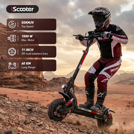 Monopattino elettrico iScooter GX3Pro 1500W 50km/h, potente monopattino a batteria 48V 17.5Ah, pneumatici antiscivolo da 11 pollici per fuoristrada, autonomia massima 60km.