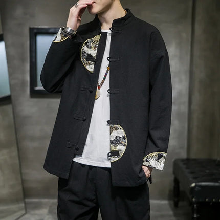 Camicie da uomo ricamate 2026 primavera stile cinese retrò colletto alla coreana giacca in cotone e lino cardigan da uomo Kungfu allentato casual Top