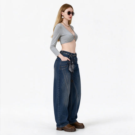 Women’s High-Waisted, Wide-Leg, Curved-Fit Jeans with Matching Scarf Belt Included, Vintage-Wash Blue Denim with Diagonal Stitching, Casual Retro-Style Trousers for Everyday Wear  FX-5380-1