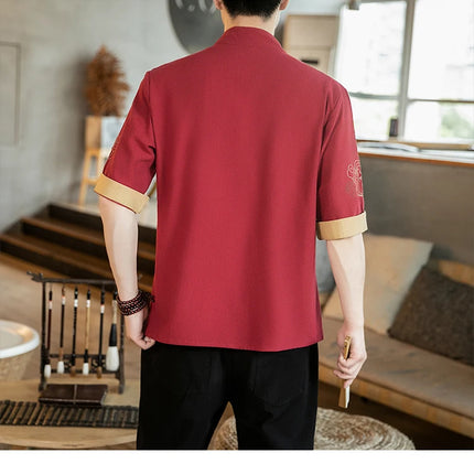 Camicie da uomo con gru ricamate Kungfu Tai Chi Casual manica corta nuovo stile cinese colletto alla coreana Cardigan in lino Tang Suit uomo Top