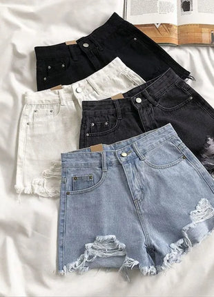 Pantaloncini di jeans coreani Donna Moda estiva Casual Jeans strappati a vita alta Tasca nappa Y2K Pantaloni caldi Streetwear Pantaloni blu