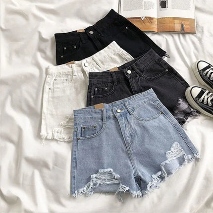 Pantaloncini di jeans coreani Donna Moda estiva Casual Jeans strappati a vita alta Tasca nappa Y2K Pantaloni caldi Streetwear Pantaloni blu