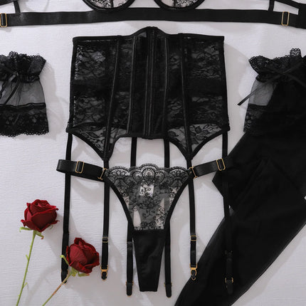 Tornova Erotic Lingerie Sexy Royal Sister See-through Eyelash Embroidery Push-up Waist Adjustablewomen Hollow Sexy Underwear Set