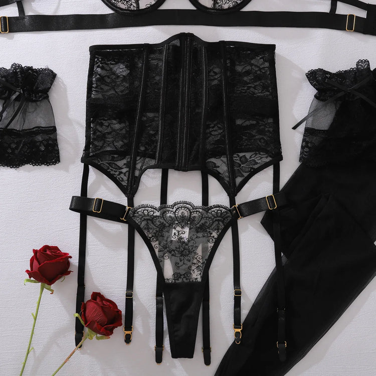 Tornova Erotic Lingerie Sexy Royal Sister See-through Eyelash Embroidery Push-up Waist Adjustablewomen Hollow Sexy Underwear Set