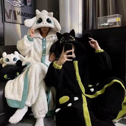 Anime Toothless Boy and Girl Winter Pajama Robe Kawaii Y2K Role-Playing Birthday Gift Thick Coral Velvet Warm Home Clothes Set