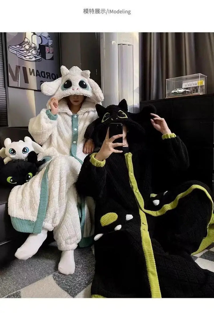 Anime Toothless Boy and Girl Winter Pajama Robe Kawaii Y2K Role-Playing Birthday Gift Thick Coral Velvet Warm Home Clothes Set