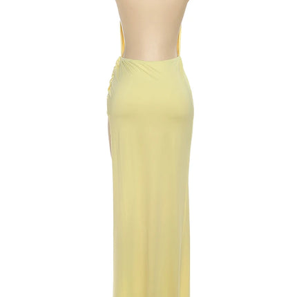 Nibber Criss Cross Collar Summer Dress Women Halter V-Neck Backless Side Slit Solid Sleeveless Slim Sexy Vacation Prom Party Dresses
