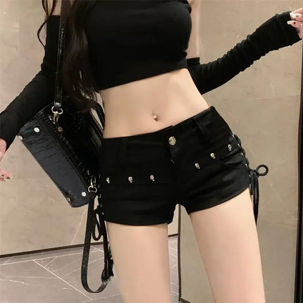 Korean Low Rise Denim Shorts 2024 - Riveted Lace Up Bodycon Black Hot Pants Vintage Cheeky Booty Summer TikTok Y2K Outfit PlatiNum