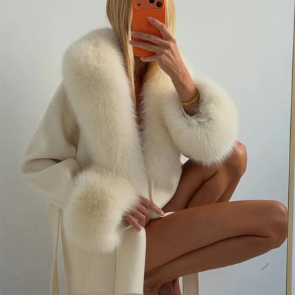 Women's Solid Color Lace Up Fur Collar Woolen Overcoat Bathrobe Style Long Loose Coat Advanced Atmosphere Autumn Winter Overwear