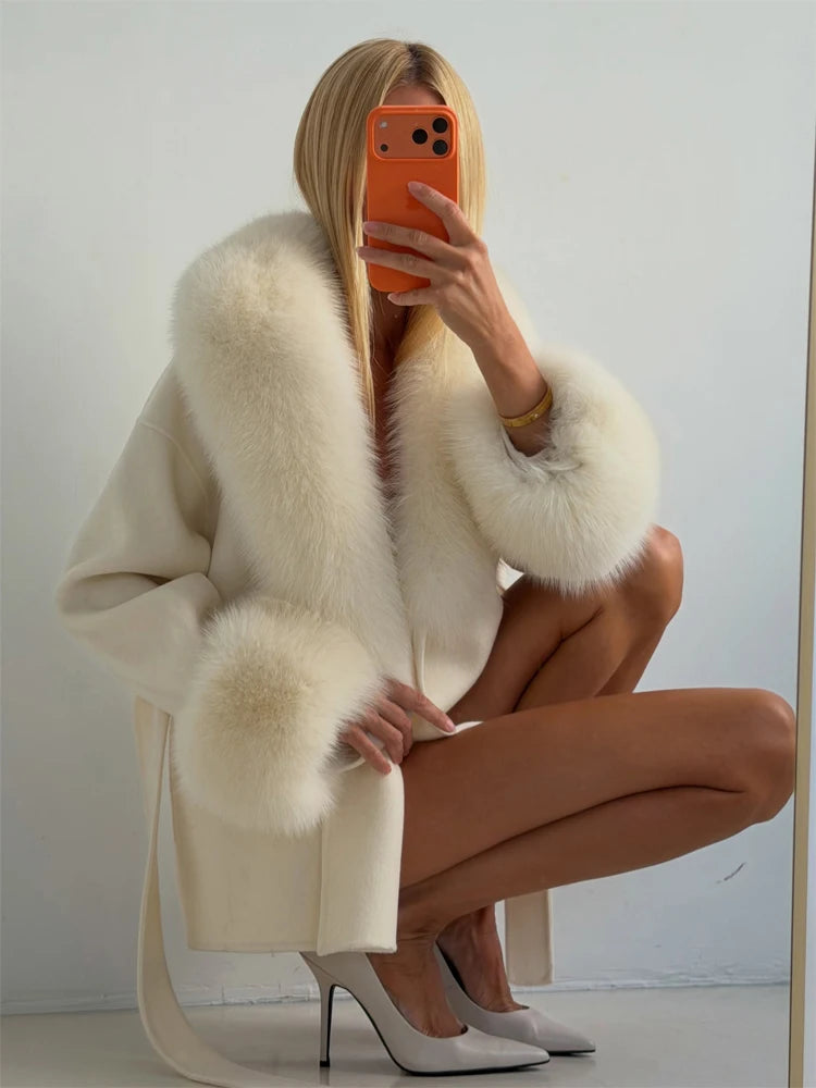Women's Solid Color Lace Up Fur Collar Woolen Overcoat Bathrobe Style Long Loose Coat Advanced Atmosphere Autumn Winter Overwear