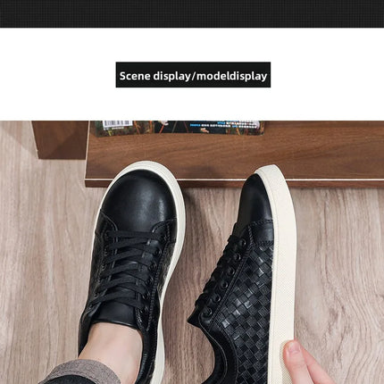Men Low Top Leather Casual Shoes Lace-up Fashion Sneakers Black Embossed Plaid Upper Non Slip Flat Daily Wear Board Footwear