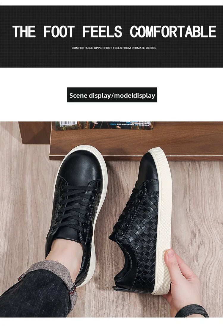 Men Low Top Leather Casual Shoes Lace-up Fashion Sneakers Black Embossed Plaid Upper Non Slip Flat Daily Wear Board Footwear