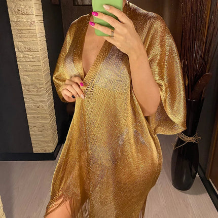 Abito copricostume da spiaggia lavorato a maglia trasparente con nappe sexy con frange Tunica in rete lucida per costumi da bagno da donna Abito da spiaggia leggero con copertura in rete platinumshop