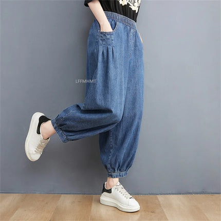 Jeans Vintage tinta unita da donna moda estiva pantaloni larghi in Denim elasticizzato in vita femminile pantaloni Harem alla caviglia stile giapponese