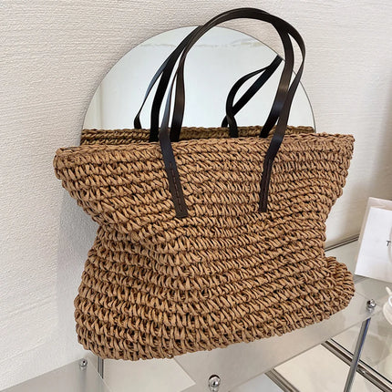 Women's Bag Summer Beach Bag Large Capacity Knitted Straw Hand-woven Rattan Beach Bag Bohemia Leather Women's Shoulder Bag New