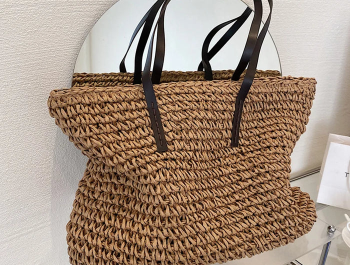 Women's Bag Summer Beach Bag Large Capacity Knitted Straw Hand-woven Rattan Beach Bag Bohemia Leather Women's Shoulder Bag New