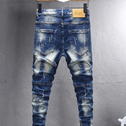 Street Designer Fashion Men Jeans Retro Blue Stretch Slim Fit Spliced Ripped Jeans Men Y2K Painted Vintage Denim Pants Hombre PlatiNum