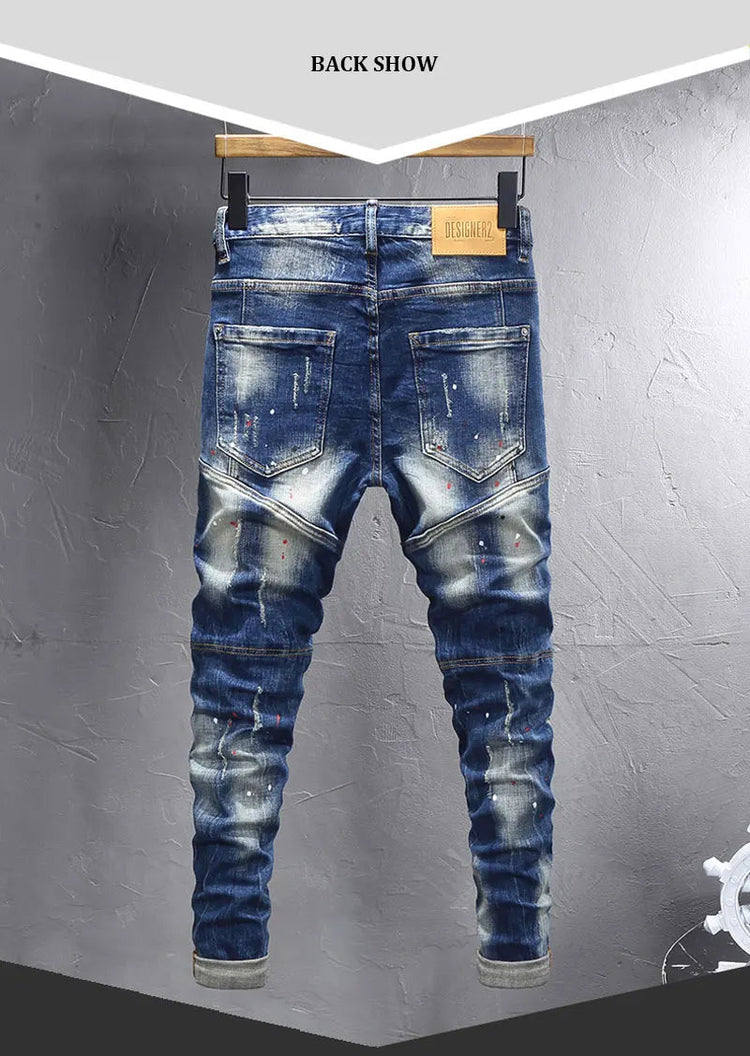 Street Designer Fashion Men Jeans Retro Blue Stretch Slim Fit Spliced Ripped Jeans Men Y2K Painted Vintage Denim Pants Hombre PlatiNum