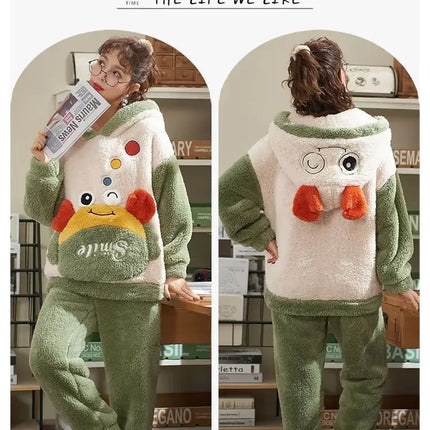 Couples Pajamas Women Men Winter Thicken Pyjamas Sleepwear Cartoon Dinosaur Korean Lovers Homewear Soft Warm Hoodies Pijama