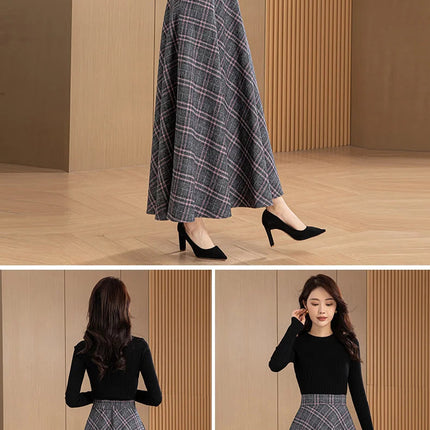 New Women Woolen Plaid Skirt Autumn Winter Fashion Elastic High Waist A-Line Wool Blended Long Skirt Simplicity Vintage Skirt PlatiNum