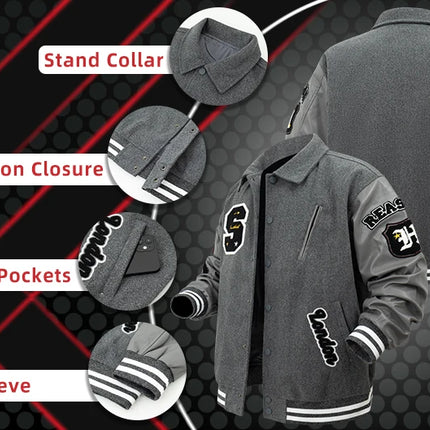 Men's Letterman Jacket Vintage Varsity Coat Patchwork Baseball Streetwear Outerwear with Faux Leather Sleeves & Fine Embroidery