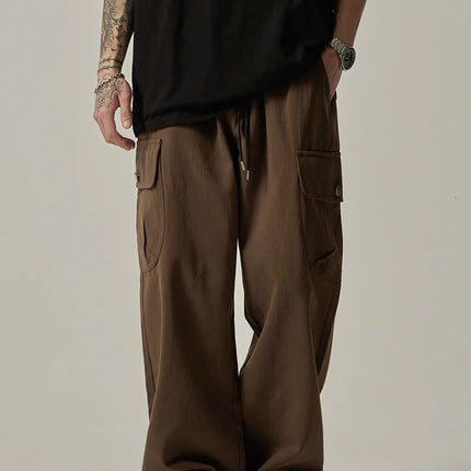 Men's Sweatpants 2025 Spring Autumn Vintage Japanese Wide Leg Straight Loose Button Big Pockets Cargo Pants Drawstring Trousers