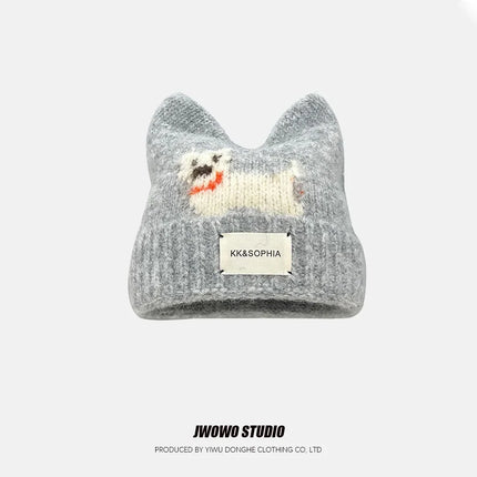 Cute Cartoon Kitten Ear Woolen Cap for Women Warm Cold-proof Autumn Winter Puppy Pattern Knitted Hat Fashion Sweet Crochet hats