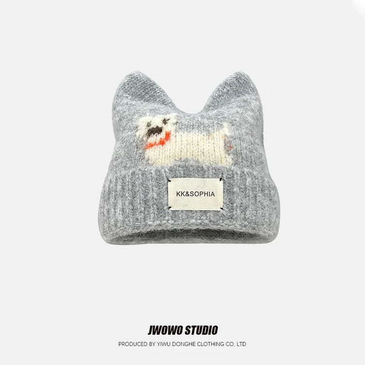 Cute Cartoon Kitten Ear Woolen Cap for Women Warm Cold-proof Autumn Winter Puppy Pattern Knitted Hat Fashion Sweet Crochet hats