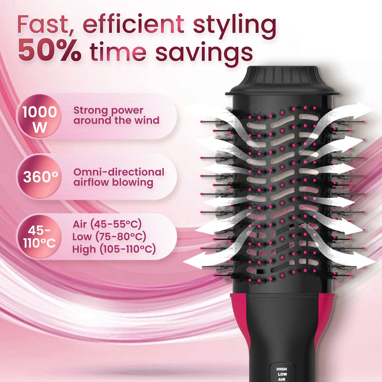 Blow Hair Dryer Brush, One-Step Hot Air Styler & Volumizer, Ionic Blowout Brush for Drying Straightening Curling, 3 Heat/2 Speed Settings, Anti-Frizz Ceramic Titanium, UK Plug