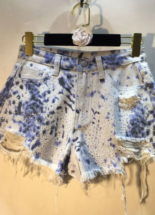 2025 Abiti estivi, Nuovi pantaloncini di jeans con bordo ruvido indossato a vita alta con perforazio