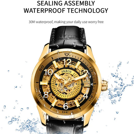 SKROX Original Gold Skeleton Automatic Movement Men's Watch Mechanical Waterproof Male Wrist Watches Leather Strap Luxury Clock