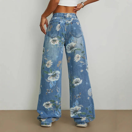 2026 Jeans stampati primaverili Pantaloni larghi a gamba dritta larghi di tendenza europea americana da donna Pantaloni versatili a gamba larga a vita bassa